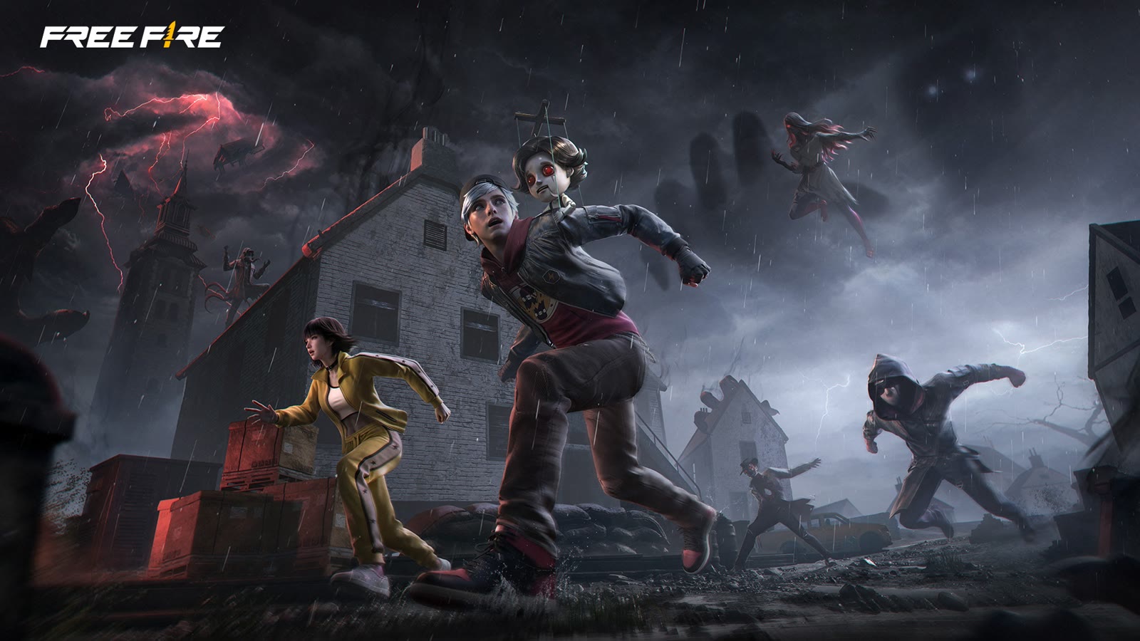 Personagens fogem de criaturas em arte do evento O Oculto de Free Fire