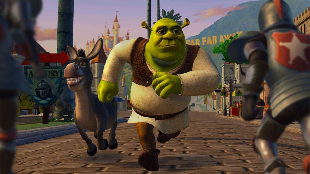 Shrek e o Burro correm por Tão Tão Distante em DreamWorks Shrek 2 Remastered